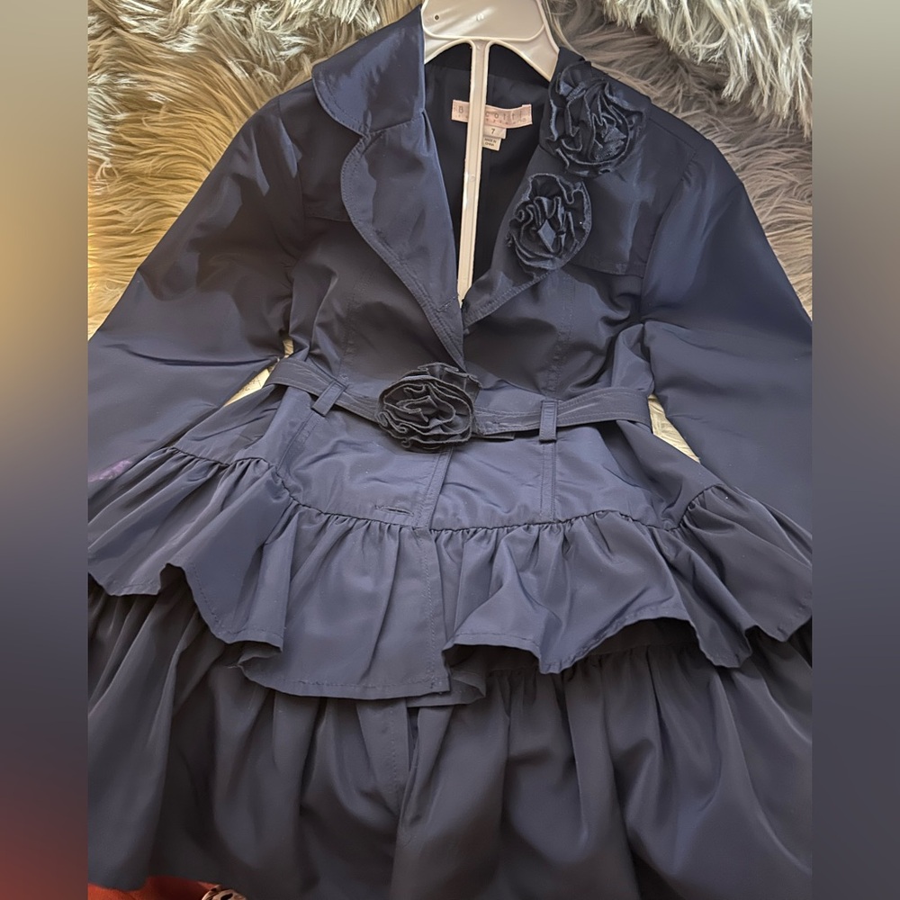 Biscotti Collezioni Elegant Navy Ruffled Coat size girls 7 polyester,